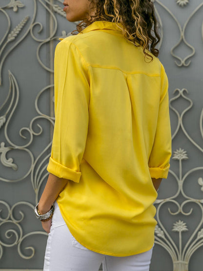 Blusa elegante de poliéster con cuello de solapa y diseño propio para mujer 