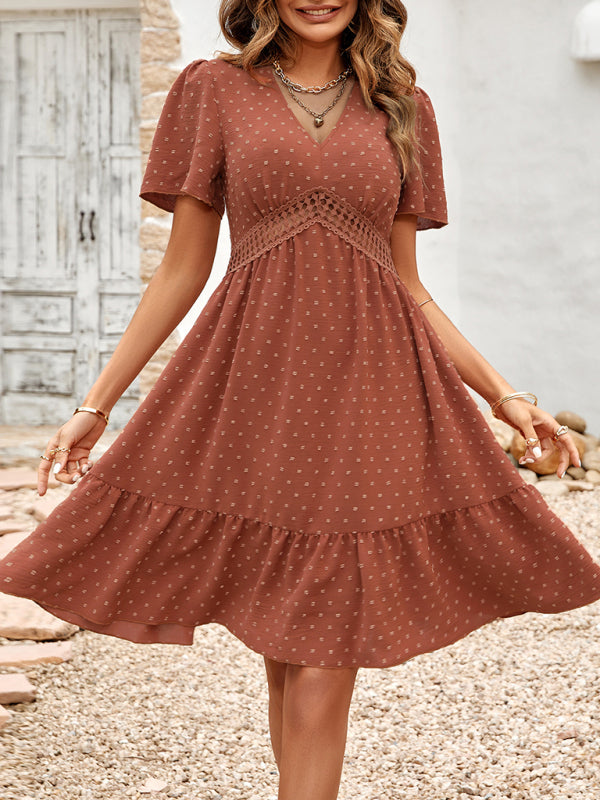 Vestido de mujer con escote en V, mangas con volantes y encaje 