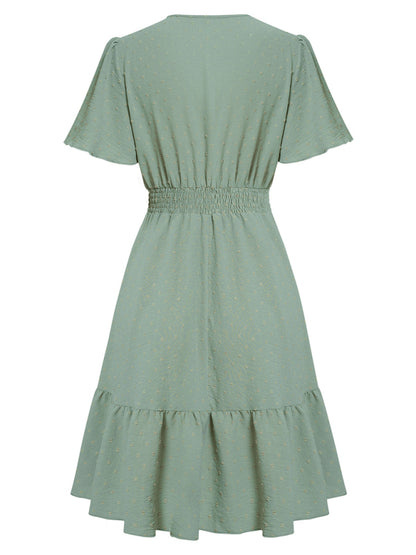 Vestido de mujer con escote en V, mangas con volantes y encaje 
