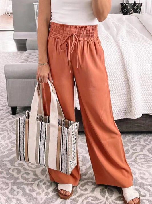 Pantalones casuales holgados de cintura media con cordones y pierna ancha de color liso 