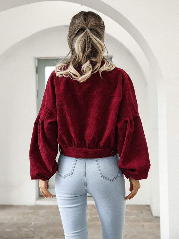 Chaqueta de pana con mangas farol y botonadura sencilla para mujer 