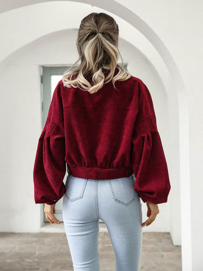 Chaqueta de pana con mangas farol y botonadura sencilla para mujer 