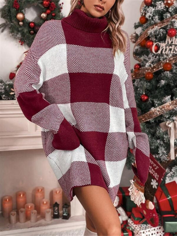 Vestido tipo suéter a cuadros con cuello alto, suelto y adelgazante, con contraste, para Navidad 