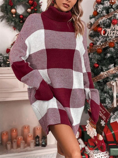Vestido tipo suéter a cuadros con cuello alto, suelto y adelgazante, con contraste, para Navidad 