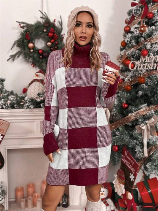Vestido tipo suéter a cuadros con cuello alto, suelto y adelgazante, con contraste, para Navidad 