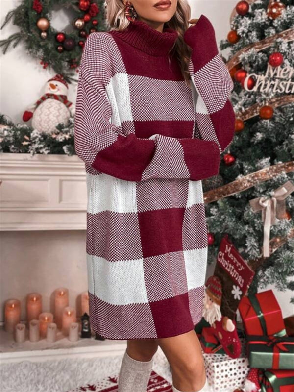 Vestido tipo suéter a cuadros con cuello alto, suelto y adelgazante, con contraste, para Navidad 