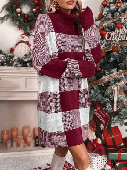 Vestido tipo suéter a cuadros con cuello alto, suelto y adelgazante, con contraste, para Navidad 