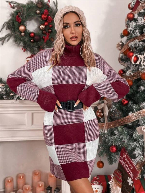 Vestido tipo suéter a cuadros con cuello alto, suelto y adelgazante, con contraste, para Navidad 
