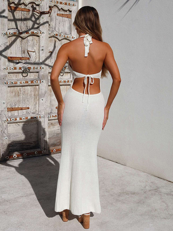 Nuevo vestido de mujer de moda con cuello halter, sexy, de corte bajo, sin espalda, de punto, hueco y transparente 