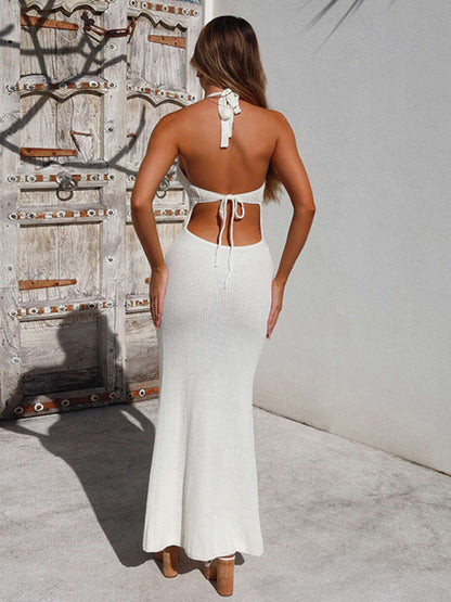 Nuevo vestido de mujer de moda con cuello halter, sexy, de corte bajo, sin espalda, de punto, hueco y transparente 