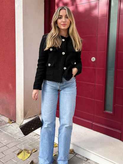 Nuevo estilo de blusa corta con botones metálicos en el bolsillo y botones de un solo pecho 