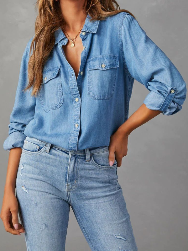 Camisa vaquera informal de manga larga con solapa y botonadura sencilla 