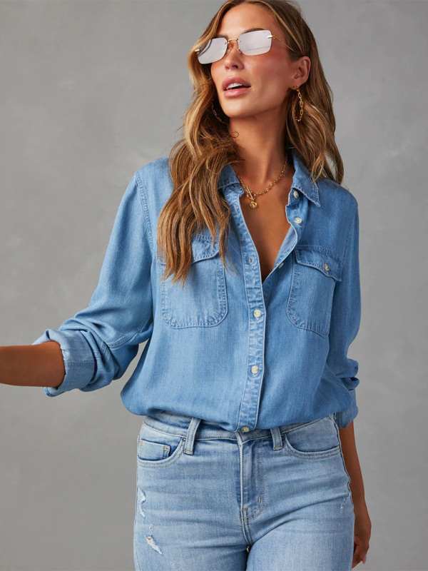 Camisa vaquera informal de manga larga con solapa y botonadura sencilla 