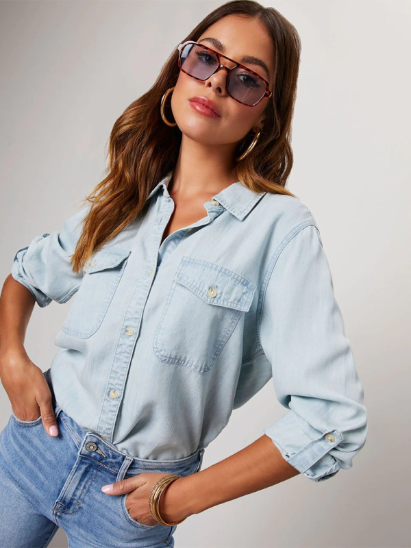 Camisa vaquera informal de manga larga con solapa y botonadura sencilla 