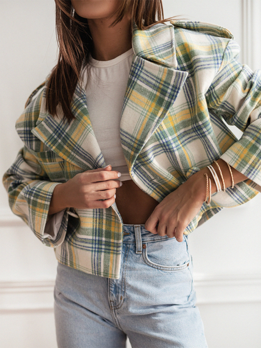 Abrigo de lana a cuadros con cuello de traje de estilo británico de moda 