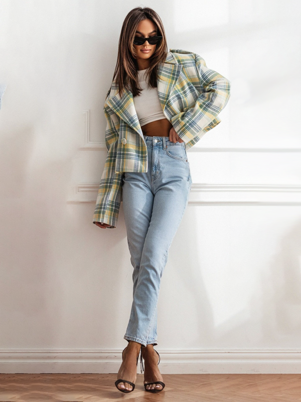 Abrigo de lana a cuadros con cuello de traje de estilo británico de moda 