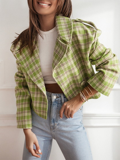 Abrigo de lana a cuadros con cuello de traje de estilo británico de moda 