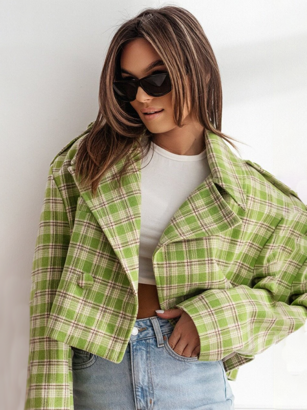 Abrigo de lana a cuadros con cuello de traje de estilo británico de moda 