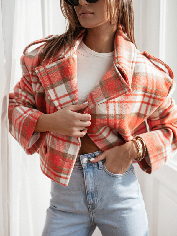 Abrigo de lana a cuadros con cuello de traje de estilo británico de moda 
