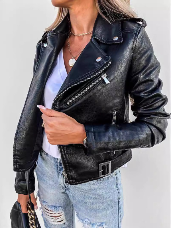 Chaqueta de cuero PU con cremallera corta para motociclista 