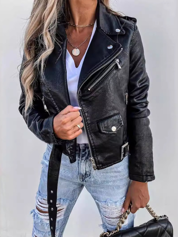 Chaqueta de cuero PU con cremallera corta para motociclista 