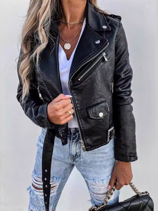 Chaqueta de cuero PU con cremallera corta para motociclista 