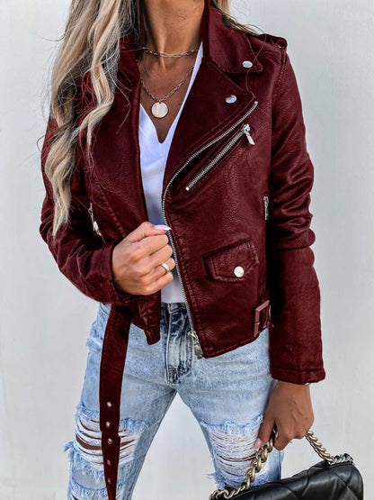 Chaqueta de cuero PU con cremallera corta para motociclista 