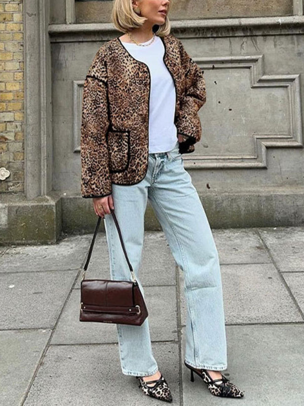 Chaqueta con estampado de leopardo de otoño, nueva chaqueta corta de cuello redondo para chica sexy 