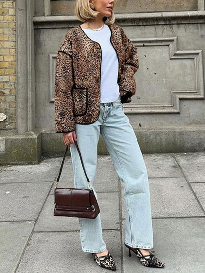 Chaqueta con estampado de leopardo de otoño, nueva chaqueta corta de cuello redondo para chica sexy 