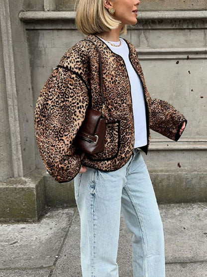 Chaqueta con estampado de leopardo de otoño, nueva chaqueta corta de cuello redondo para chica sexy 