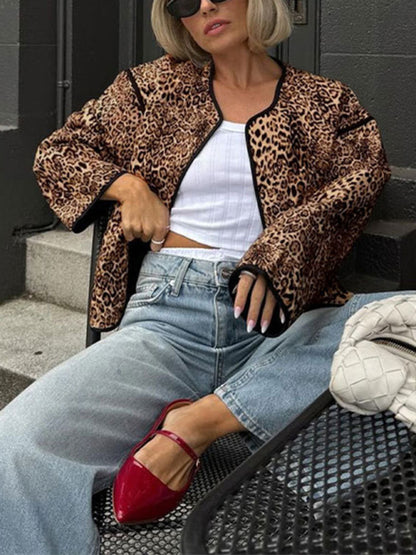 Chaqueta con estampado de leopardo de otoño, nueva chaqueta corta de cuello redondo para chica sexy 