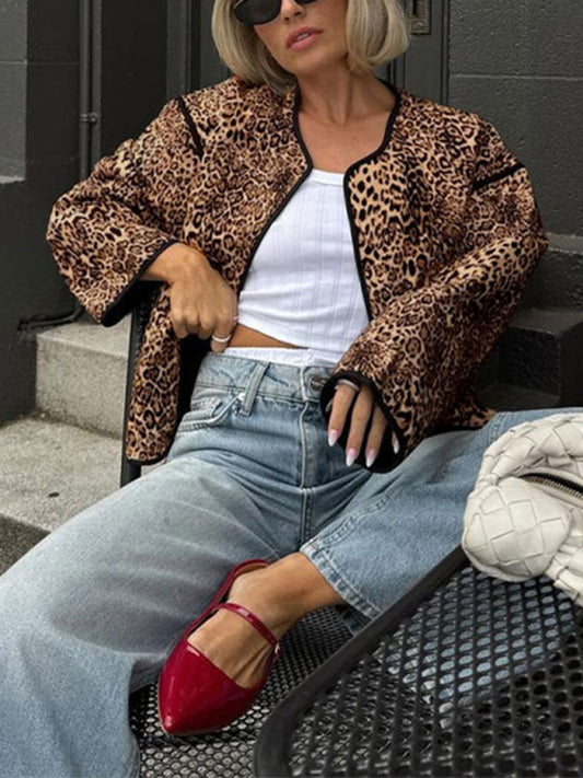 Chaqueta con estampado de leopardo de otoño, nueva chaqueta corta de cuello redondo para chica sexy 