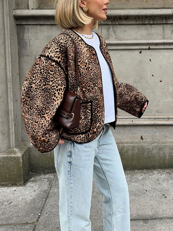 Chaqueta con estampado de leopardo de otoño, nueva chaqueta corta de cuello redondo para chica sexy 