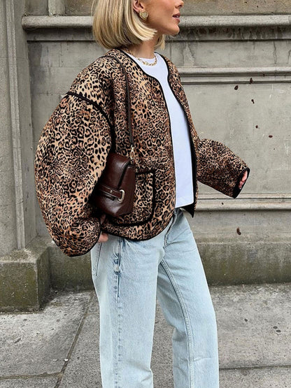 Chaqueta con estampado de leopardo de otoño, nueva chaqueta corta de cuello redondo para chica sexy 