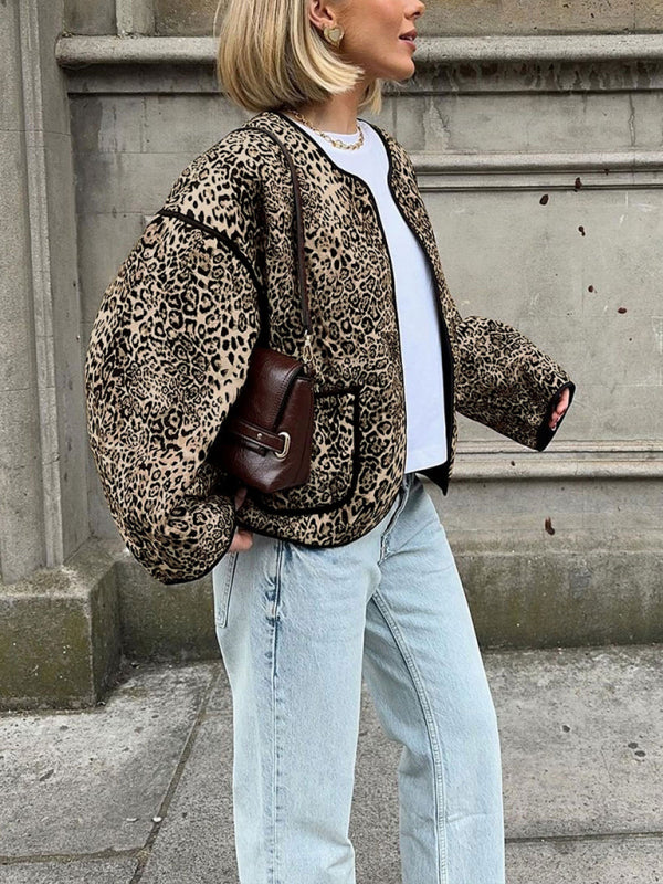 Chaqueta con estampado de leopardo de otoño, nueva chaqueta corta de cuello redondo para chica sexy 