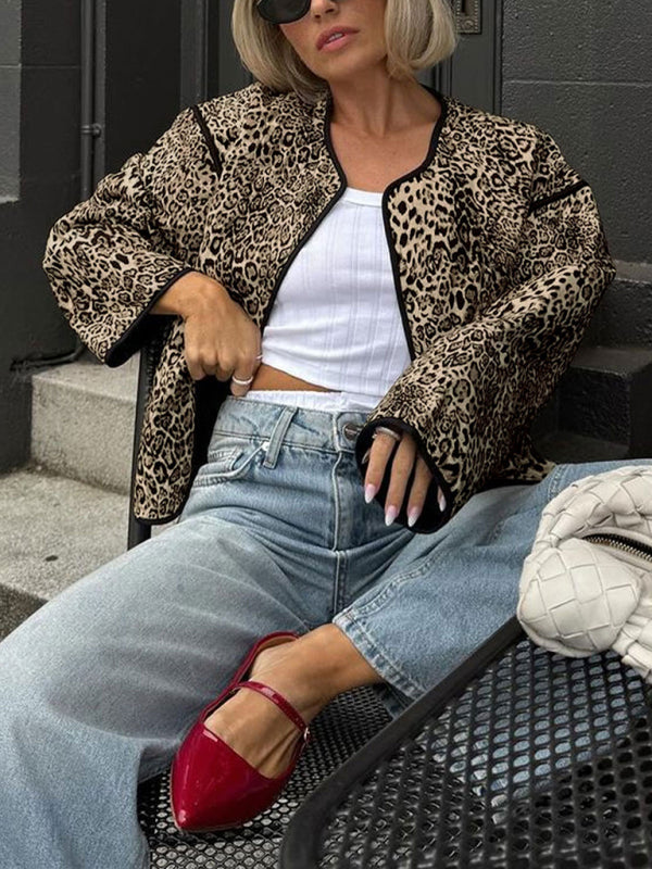 Chaqueta con estampado de leopardo de otoño, nueva chaqueta corta de cuello redondo para chica sexy 