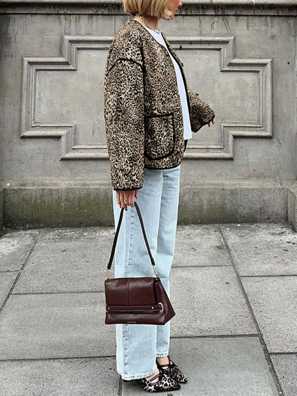Chaqueta con estampado de leopardo de otoño, nueva chaqueta corta de cuello redondo para chica sexy 