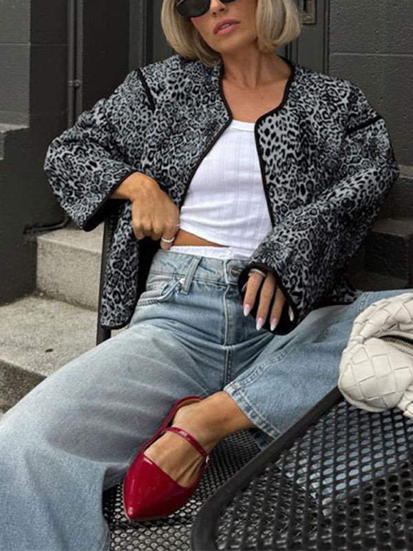 Chaqueta con estampado de leopardo de otoño, nueva chaqueta corta de cuello redondo para chica sexy 