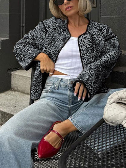 Chaqueta con estampado de leopardo de otoño, nueva chaqueta corta de cuello redondo para chica sexy 