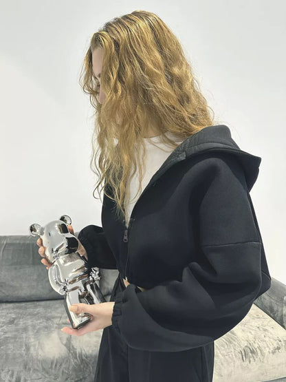 Sudadera informal con capucha de color liso para mujer, chaqueta corta de manga larga con cremallera y cárdigan 