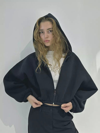 Sudadera informal con capucha de color liso para mujer, chaqueta corta de manga larga con cremallera y cárdigan 