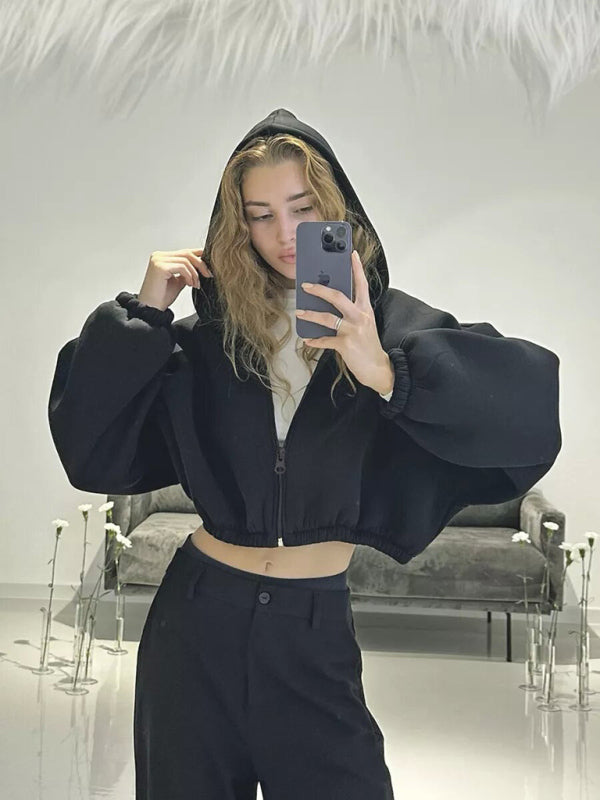 Sudadera informal con capucha de color liso para mujer, chaqueta corta de manga larga con cremallera y cárdigan 