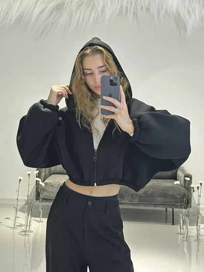 Sudadera informal con capucha de color liso para mujer, chaqueta corta de manga larga con cremallera y cárdigan 