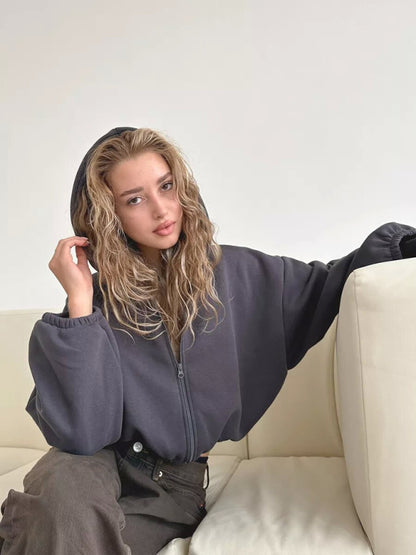 Sudadera informal con capucha de color liso para mujer, chaqueta corta de manga larga con cremallera y cárdigan 