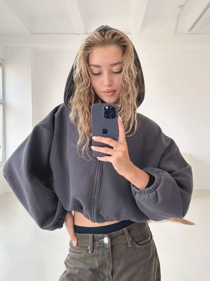 Sudadera informal con capucha de color liso para mujer, chaqueta corta de manga larga con cremallera y cárdigan 