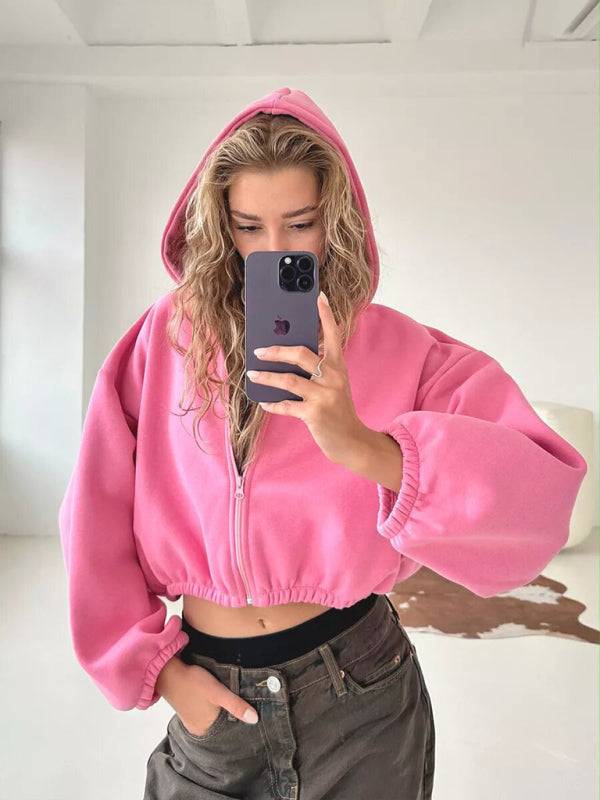 Sudadera informal con capucha de color liso para mujer, chaqueta corta de manga larga con cremallera y cárdigan 