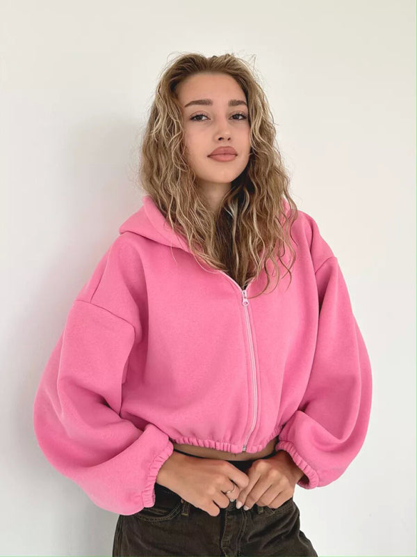 Sudadera informal con capucha de color liso para mujer, chaqueta corta de manga larga con cremallera y cárdigan 