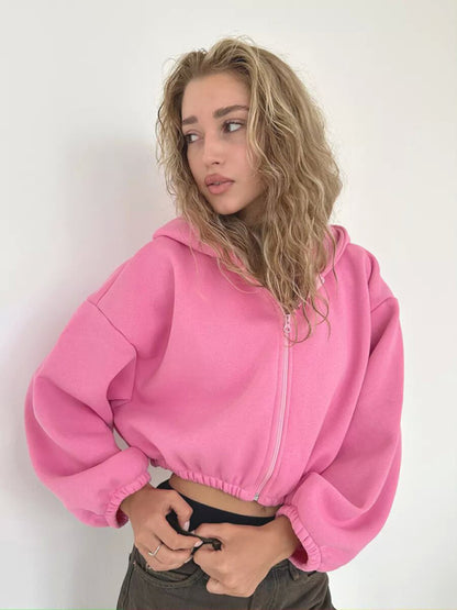 Sudadera informal con capucha de color liso para mujer, chaqueta corta de manga larga con cremallera y cárdigan 