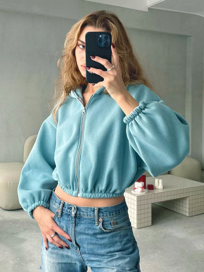 Sudadera informal con capucha de color liso para mujer, chaqueta corta de manga larga con cremallera y cárdigan 