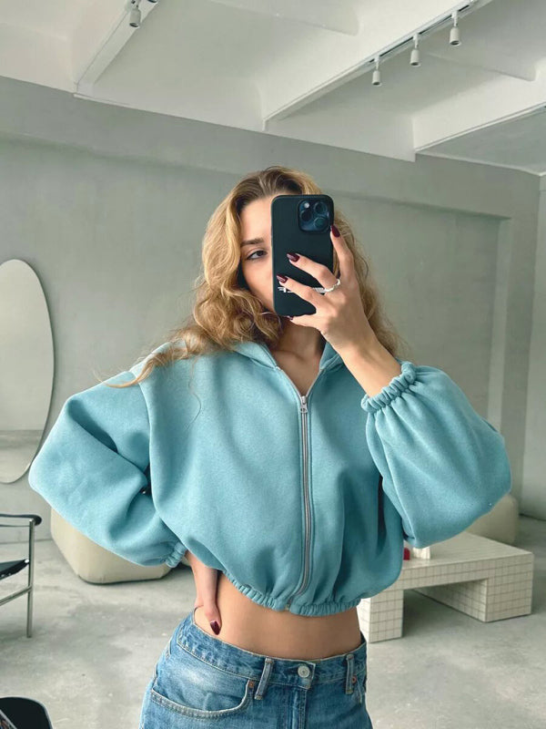 Sudadera informal con capucha de color liso para mujer, chaqueta corta de manga larga con cremallera y cárdigan 